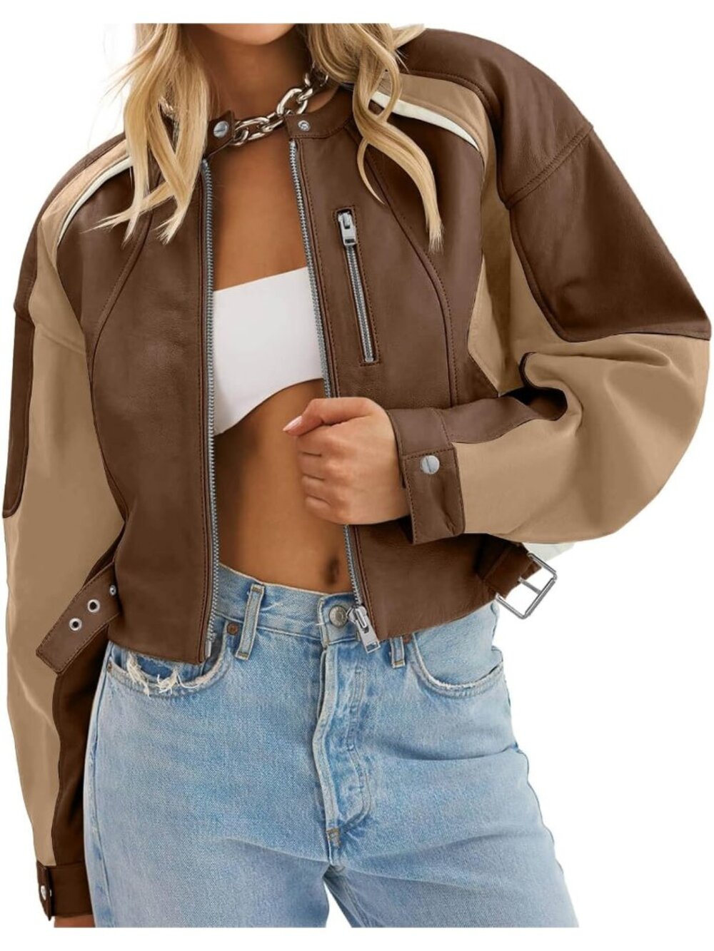 Women's Brown Faux Leather Comfortable Zip Up Color Block Casual Bomber Jackets
